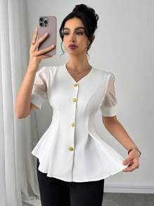 Firerie Women's New Elegant White Blouse With Organza Sleeves And Ruffle Hem/Business Casual Woman/Work Women/Office For Women /Office/Business Casual/Daily Casual Outing Wear/White - White - View 6
