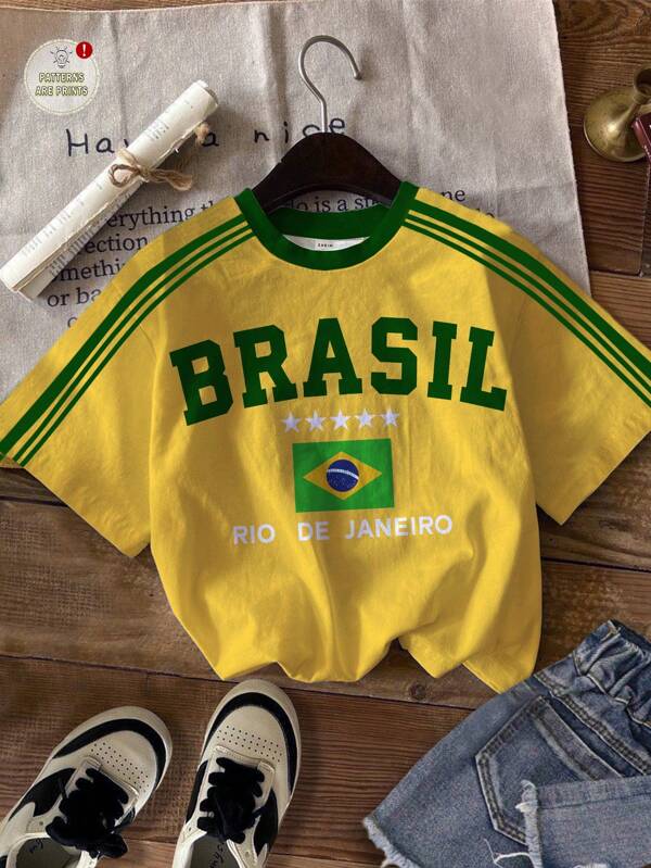 SHEIN Teen Girl Fashionable Sports Jersey Style, Casual Minimalist Brazil Graphic, Color Block Trim Round Neck Loose Oversized Short Sleeve Tee, Casual Relaxed Fit Knit Loose Tee For Summer Easy Comfort, Casual Wear Collection, Cool Wear, Summer Kids Items, Back To School Kids, Summer, Stylish Kids, Basics, Korean Style, Kids' Daily Fashion,