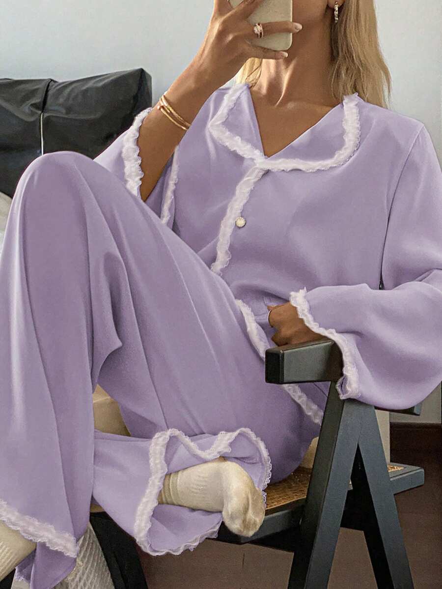 DAZY Spring Satin And Lace Ruffle Trim Decor Women's Pajama Set, Fall Clothes - Mauve Purple - View 1