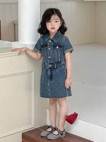 Dazy Kids Young Girl' Collared Short Sleeve Denim Dress, Fall - Blue - View 5
