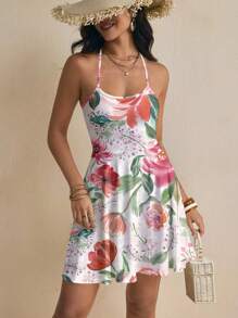 Glamance Jun Shu Women's Summer Holiday Floral Print Cinched Waist Halter Short Dress Women Summer Clothing Women Short Dresses Summer Women Clothes Summer Clothes Office Women Going Out Work Clothes - Pink - View 4