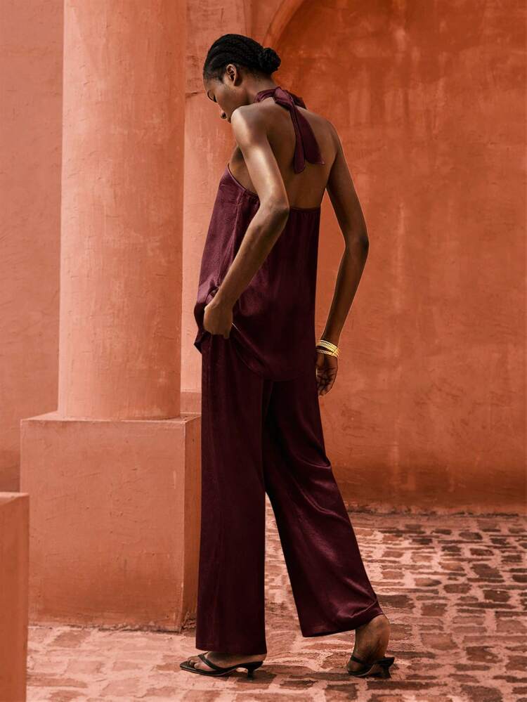 SHEIN Maija 여성용 우아한 솔리드 컬러 홀터넥 상의 & 팬츠 투피스 세트, 세련된 도시 통근 캐주얼 슈트, 비즈니스 캐주얼 빈티지 스타일 여성 오피스 의상