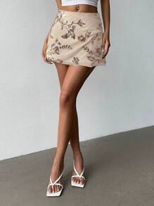 Aloruh 女士性感时尚亮片刺绣迷你裙 - 杏色 - 查看 3