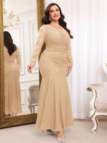 Modelyn Plus Size Women V-Neck Contrast Lace Ruched Fishtail Hem Elegant Dress Long Evening Dresses