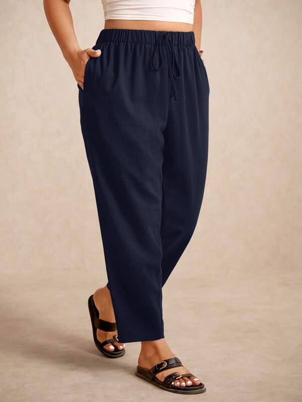 Elaquor Plus Size Women Solid Color Elastic Waist Casual Capri Pants With Pockets