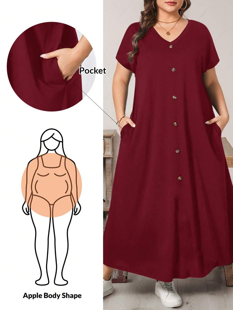 SHEIN Essnce Plus Size Women's Spring And Summer Fashion Casual Loose Comfortable Daily Short-Sleeved Green V-Neck Pocket Long Dress,Summer Outfits For Women,Church Clothes Women,Old Money Style Women,Teacher Outfits For Women,Airport Outfit For Women,Minimalist Style,Maxi Dress - Burgundy - View 1
