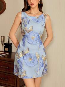 Vintamour 复古优雅女式提花紧身迷你连衣裙无袖蓝色夏季连衣裙 - 藍色 - 查看 3
