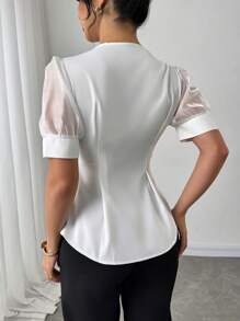 Firerie Women's New Elegant White Blouse With Organza Sleeves And Ruffle Hem/Business Casual Woman/Work Women/Office For Women /Office/Business Casual/Daily Casual Outing Wear/White - White - View 3