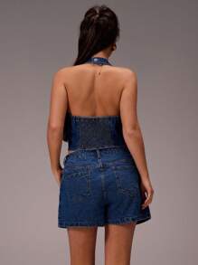 Avantive Nuevo conjunto de verano de dos piezas de minifalda y top sin mangas con cuello halter en estilo de jean, sexy estilo callejero - Azul lavado oscuro - Ver 2