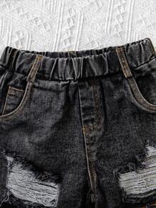 SHEIN 2 chiếc/bộ áo phông in hình cô gái trẻ dễ thương màu xám + quần short denim cũ kỹ giặt màu đen, trang phục phong cách đường phố thường ngày - màu đen - Xem 3