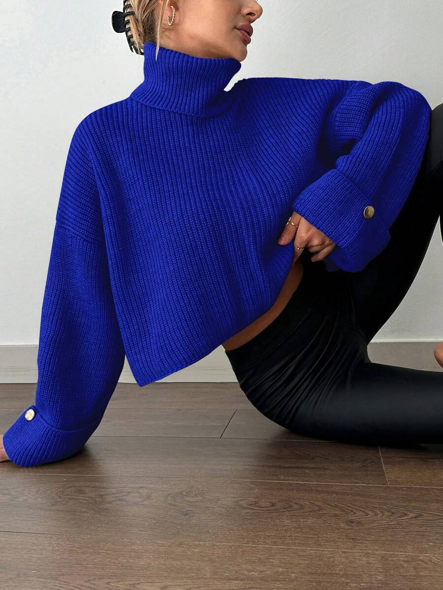 EURMUSE Women Casual Solid Color High Neck Dropped Shoulder Loose Cropped Sweater, Fall Autumn/Winter - Royal Blue - View 1