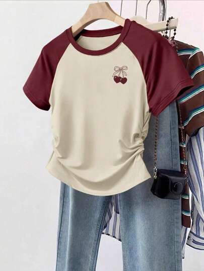 INAWLY Plus Size Women Fashion Pleated Waist Side Shirred T-Shirt With Butterfly & Cherry Blossom Printing On Left Chest, Summer