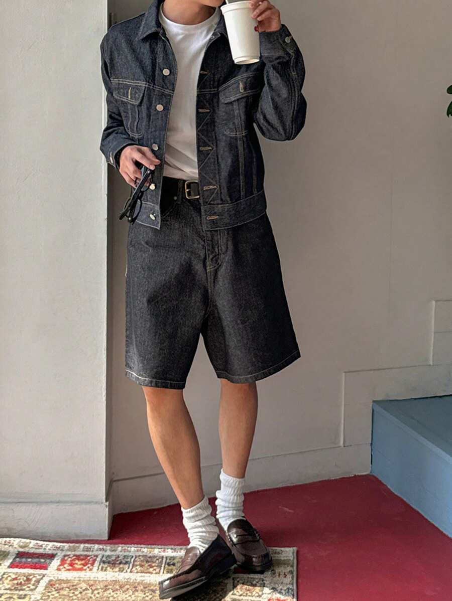 DAZY 夏季男士宽松休闲口袋阔腿牛仔短裤 - 黑色 - 查看 1