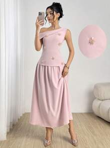 Modelyn Set de 2 piezas compuesto por top ajustado y falda con decoración floral con lentejuelas y strass, cuello asimétrico, para mujer, de verano, elegante - Rosa - Ver 9