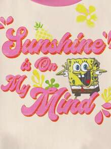 SpongeBob SquarePants | SHEIN T-shirt à manches courtes à col rond avec graphique de lettres et de dessins animés blocs de couleurs pour jeune fille
