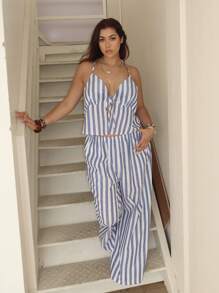 Dripcurv Conjunto de 2 piezas de top halter estampado con rayas y pantalones largos para mujer de talla grande, adecuado para uso diario y vacaciones - Azul - Ver 1