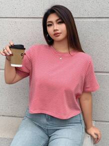 Dazy Plus Camiseta de verano holgada de cuello redondo y manga corta a rayas, talla grande, ropa de vuelta al colegio