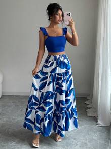 Elenzga Women 2pcs Set Ruffled Strap Backless Camisole & Printed Fitted Skirt - Blue - View 8