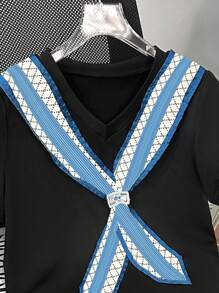 INAWLY Women's Summer V-Neck Short Sleeve Casual Versatile Bowknot T-Shirt - Black - View 4