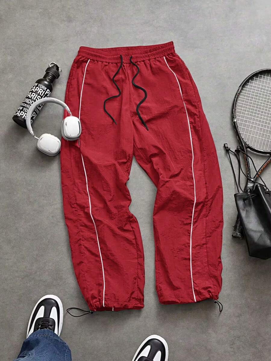 Manfinity Sport Corelite Men's Contrast Binding Drawstring Waist Sports Pants Fall Breathable Sweat Pants - Red - View 1
