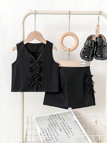 Set casual 2 buc pentru fete: vestă cu imprimeu halter și fustă plisată, potrivită pentru vară, naveta și timpul liber - Negru - Vizualizare 3