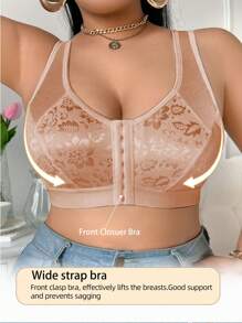 SHEIN 1pc Plus Size Front Snap Floral Jacquard Wireless Bra - Apricot - View 6