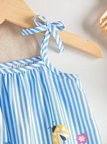 SHEIN Playful Pals 女宝宝连衣裙全碎花吊带蝴蝶结夏季优雅清新连衣裙蓝条纹幼儿连衣裙碎花幼儿连衣裙幼儿女童度假连衣裙 - 彩色 - 查看 5