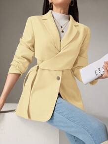 Heiryn Áo khoác blazer nữ tay dài ve áo màu trơn thắt nút bên hông, trở lại trường vào mùa thu/đông - Màu vàng - Xem 2