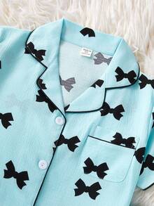 SHEIN 2件套女童杏色可爱樱桃印花宽松长裤短袖休闲睡衣套装 - 藍色 - 查看 6