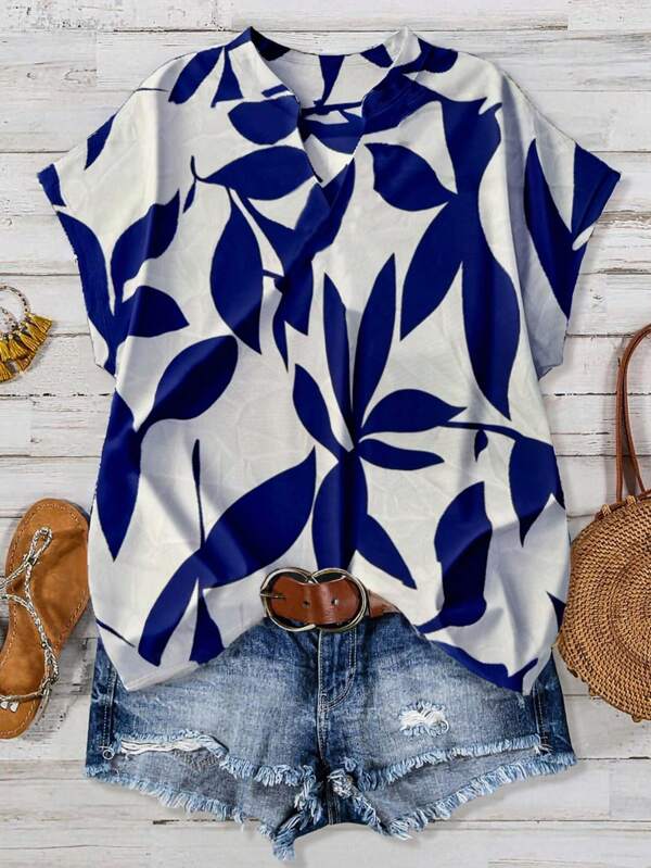 Linhara Plus Size Contrast Color Leaf Print Notch Neck Short Sleeve Shirt, Summer