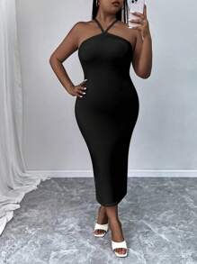 INAWLY Plus Size Women's Solid Color Sleeveless Maxi Halter Dress, Summer - Black - View 4