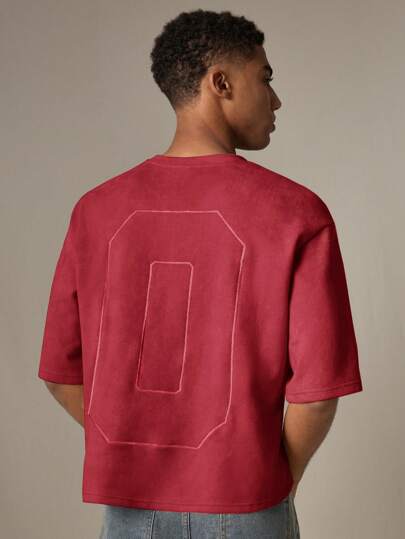 SWAVVY Men's Knitted Casual Number Embroidery Loose Fit Short Sleeve T-Shirt, For Fall