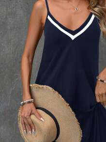 Easowa Women's Solid Color Stretch Knit Contrast Ribbon Casual Holiday Maxi Slip Dress, Spring/Summer,Bohemia - Navy Blue - View 11