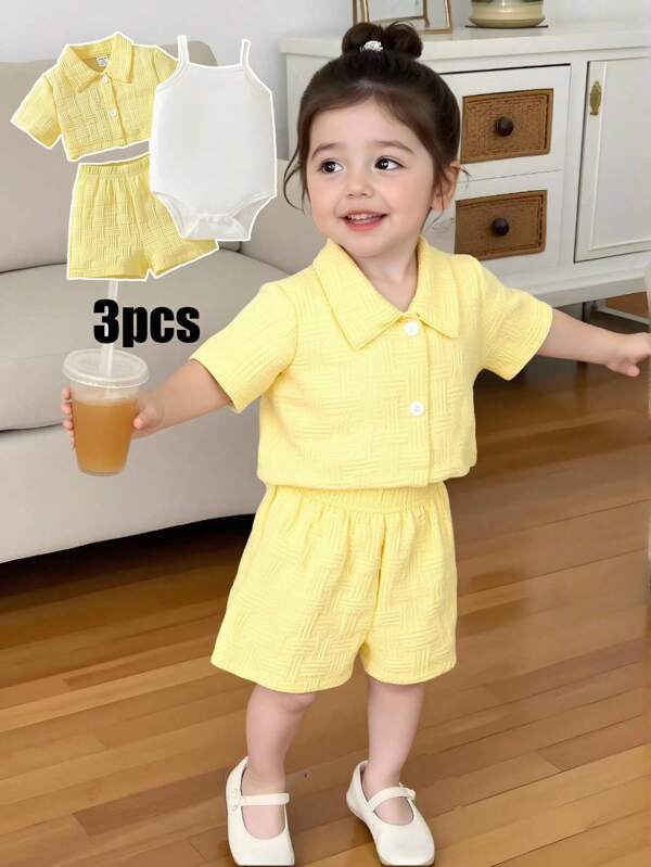 SHEIN 3pcs/Set Infant/Baby GirlSummer Daily Textured Short Shirt, Shorts And Ribbed Strap Romper