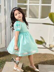 Girls' Princess Dress With Bow, Bubble Sleeves, Suitable For Everyday Commute, Elegant & Casual Wear - Mint Green - View 1