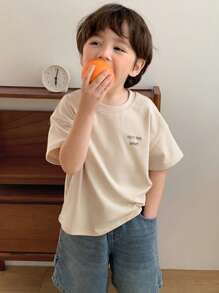 Hapijoa 小男孩棕榈树印花宽松短袖休闲 T 恤，夏季 - 杏色 - 查看 2