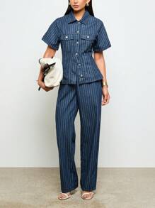 AiiRZ Áo khoác denim kẻ sọc Trucker tay ngắn cài nút thời trang công sở mùa hè xuân cổ điển áo khoác ngoài - Màu xanh lam - Xem 2