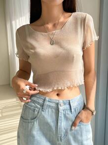 DAZY 生菜边透明网眼上衣（不含吊带背心）上衣、短款上衣、女式学院风上衣 - 杏色 - 查看 4