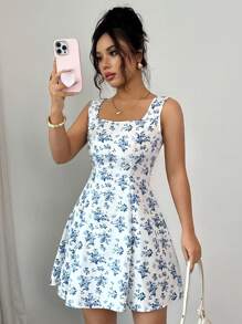 Breezaya 女式无袖方领系带腰部 A 字形碎花迷你连衣裙 - 藍色 - 查看 5