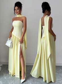 Rafferiza 新款时尚高开衩连衣裙，不对称拼接，露肩，飘逸腰带，性感优雅的设计，适合度假、浪漫约会、毕业派对、婚礼 - 淡黃色 - 查看 1