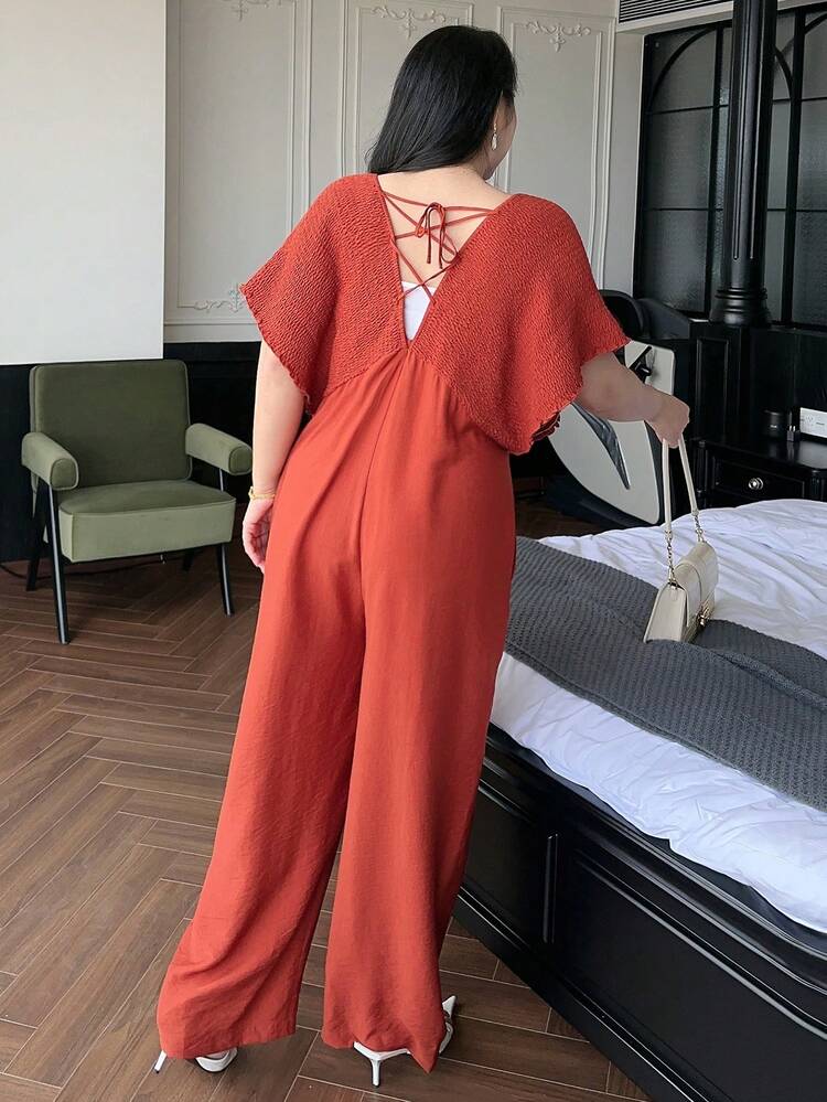 Dazy Plus Plus Size Shirred Loose Patchwork Long Jumpsuit, Back To School Clothes Jumpsuit Lounge Sets For Women
