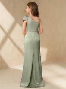 SHEIN Vestido de niña con un hombro con lazo, pliegues y abertura, elegante para bodas, banquetes, fiestas de cumpleaños y actuaciones - Verde - Ver 2