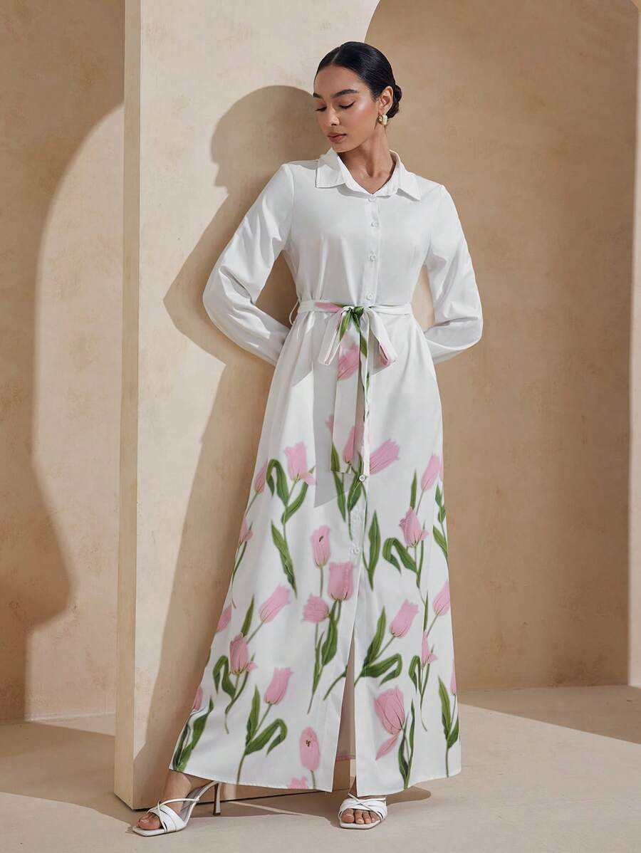 Graceveil Robe longue femme à imprimé floral de tulipe, robe arabe ample et élégante, printemps/été - Multicolore - Voir 1