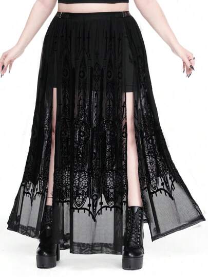 Goth Falda de talla grande estilo retro y vintage con estampado flocado de castillo gótico