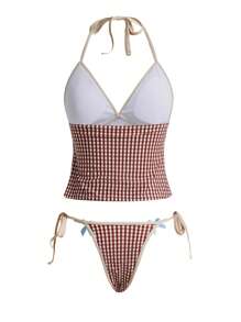Swim Mod Women's Plaid Print Halter Tie Front Tankini Bikini Set Set For Summer Beach Vacation - Multicolor - View 2