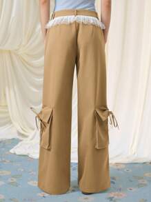 SHEIN MOD Women Mesh Patchwork Pockets Casual Versatile Wide Leg Pants, Lace Ruffle, Solid Color Low Waist Wide Leg Loose Casual Pants, - Khaki - View 2