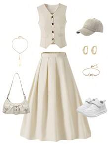 SHEIN 2pcs/Set Teen Girls Solid Color Single-Breasted Vest And Pleated Midi Skirt Elegant 2 Pieces Set