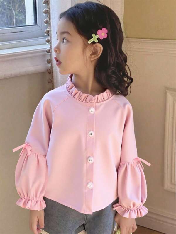 Young Girl Pink Bow Decorated Long Sleeve Shirt