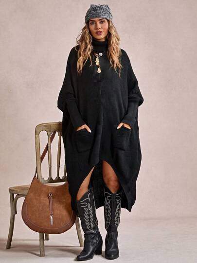 Freevana Plus Size Casual Sweater With Pockets And Asymmetrical Hem,Parties, Music Festivals, Home Wear, Back-To-School Events, Gifting, And Shopping.Winter Clothes,Fall Sweaters,Western, Autumn