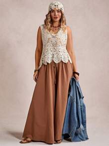 SHEIN VCAY 新款大码女士镂空针织上衣，宽松无袖轻薄夏季罩衫，短款上衣，女士外出上衣，奶油黄色钩针上衣，针织度假上衣，夏季度假，乡村音乐会，狂欢节，音乐会，毕业典礼，欧洲夏季，纳什维尔海滩度假，热带度假